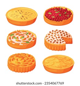 Baked Pie Made from Pastry Dough with Sweet Fruit Filling and Cream Vector Set