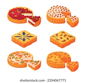 Baked Pie Made from Pastry Dough with Sweet Fruit Filling and Cream Vector Set