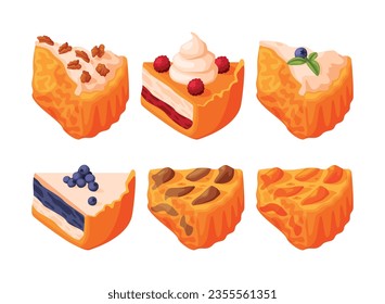 Baked Pie Made from Pastry Dough with Sweet Fruit Filling and Cream Vector Set
