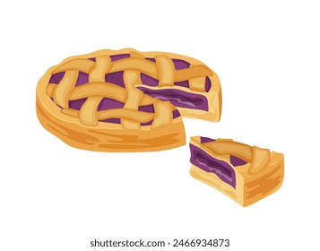 Baked pie with purple jam round shortcake dessert and triangle slice portion isolated on white