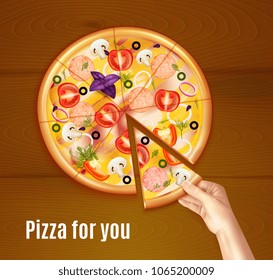 Baked pizza realistic composition on wooden background with hand holding piece of dish vector illustration 
