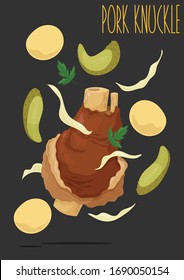 Baked pork knuckle with boiled cabbage, potatoes, pickled cucumbers. Vector illustration