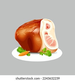 Baked pork knuckle with vegetables on a plate. Vector illustration of pork shank