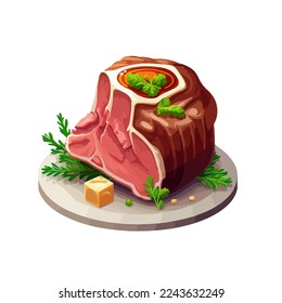 Baked pork knuckle with vegetables on a plate. Vector illustration of pork shank