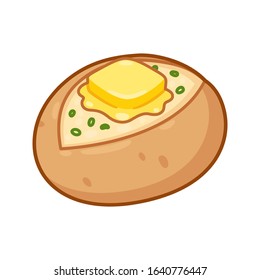 Baked Potato With Butter And Chives. Cartoon Drawing Of Traditional Jacket Potato With Skin On And Toppings. Isolated Vector Clip Art Illustration.