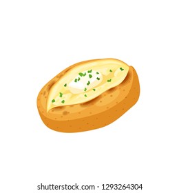 Baked Potato With Melted Butter And Herbs. Vector Illustration Cartoon Flat Icon Isolated On White.