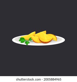 Baked potato wedges with green parsley green on ceramic plate isolated. Vector country style potato with greens in white bowl, fried potato in rural style. Served roasted vegetable wedges with spices