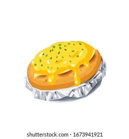 Patatas al horno con queso y hierbas en papel. Icono de dibujo plano de ilustración vectorial aislado en blanco.