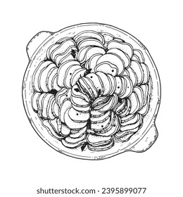 Baked potatoes chips on a plate sketch. Hand drawn vector illustration. Top view.