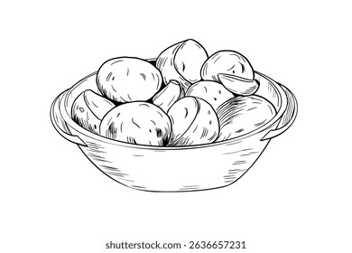 Baked potatoes and garlic served on plate hand drawn black and white outline vector illustration. Potatoes baked in a deep ceramic baking dish line art sketch for kitchen decor, village food packaging