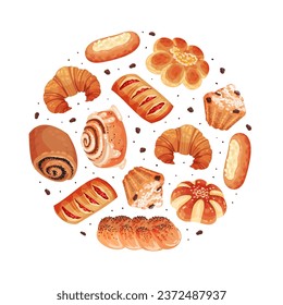 Baked Product Round Composition Design with Sweet Bun and Pastry Vector Template