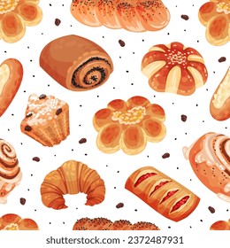 Baked Product Seamless Pattern Design with Sweet Bun and Pastry Vector Template