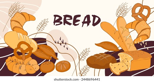 Baked production and bakery banner background template for website or social media, flyer print. Bread production and pastry, bakery customizable template, vector illustration.