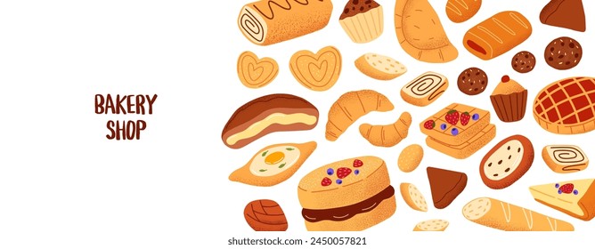 Baked products, flour food, fresh pastry on horizontal banner. Design of template of bakehouse menu cover. Background with different bread, croissants, cakes, pies, buns. Flat vector illustration