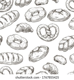 Patrón sin fisuras de productos horneados. Pan de pan dulce, panecillos y pretzels esquema monocromático. La selección de productos Gluten gratis en tienda o restaurante. Comida de grano entero, vector en forma plana
