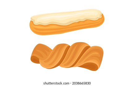Baked products set. Fresh pastry bun and eclair cartoon vector illustration