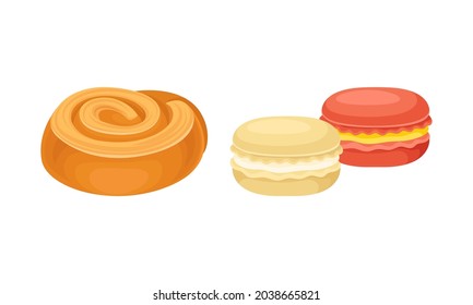 Baked Products Set. Sweet Pastry Cinnamon Bun And Macaroon Cartoon Vector Illustration