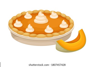 Baked Pumpkin Pie with Whipped Cream on Top as Thanksgiving Day Attribute Vector Illustration