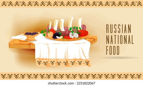 Baked ribs with vegetables and spices on a wooden platter on a towel with an ornament, a flat illustration of traditional food