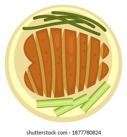 Baked or roasted meat served on plate with asparagus an celery sticks. Veggies and ribeye, healthy eating and dieting. Restaurant or diner lunch or breakfast tasty dishes. Vector in flat style