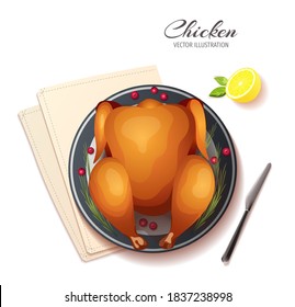 Baked Or Rotisserie Chicken On The Plate, Lemon And Knife. Cooking, Dinner, Recipes, Restaurant Menu Concept. Isolated Vector Illustration For Banner, Poster, Menu, Flyer.