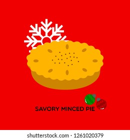 Baked savory minced pie with decorated prop a perfect menu for greeting holiday, Christmas night, on red background.