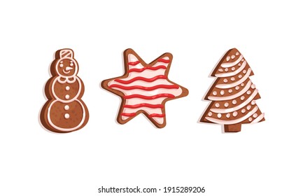 Gebackenes geformtes Cookie mit Sugar Glaze als fröhliches Weihnachtssymbol Vector Set