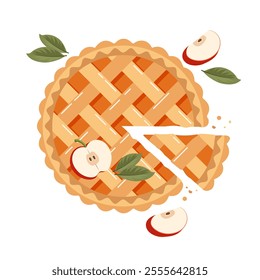 Baked sliced pie with apples. Traditional holiday food, dessert, sweet. Flat illustration