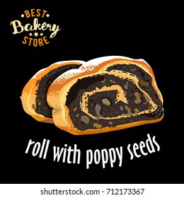 Baked sliced roll with poppy seeds vector. Baked bread product