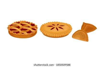 Baked Sweet Pie with Filling and Crust Made of Shortcrust Pastry and Dumpling Vector Set