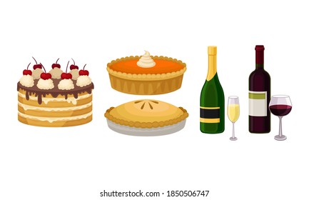 Baked Sweet Pie and Layered Cake with Bottle of Alcoholic Drink Vector Set