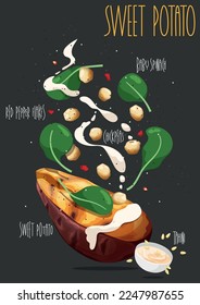 Baked sweet potatoes stuffed. Vector illustration