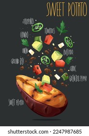 Gebackene Süßkartoffeln gefüllt. Vektorgrafik