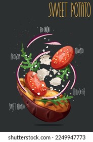 Baked sweet potatoes stuffed. Vector illustration