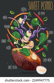 Baked sweet potatoes stuffed. Vector illustration