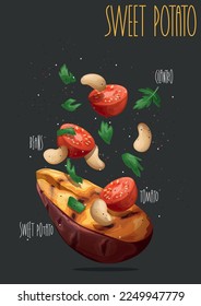 Baked sweet potatoes stuffed. Vector illustration