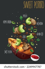 Gebackene Süßkartoffeln gefüllt. Vektorgrafik