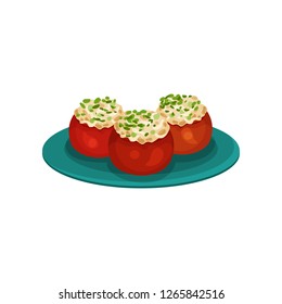 Baked tomatoes stuffed with rice. Appetizing snacks. Food for holiday dinner. Culinary theme. Flat vector icon