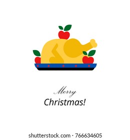 Baked turkey flat vector illustration. MerryChristmas greeting or invitation card design. Traditional xmas dish in flat style. Isolated on white background