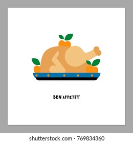 Baked turkey flat vector illustration. Bon Appetit greeting or invitation card design. Traditional xmas dish in flat style. Isolated on white background