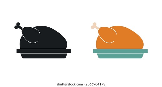 Baked turkey icon set in black and colored