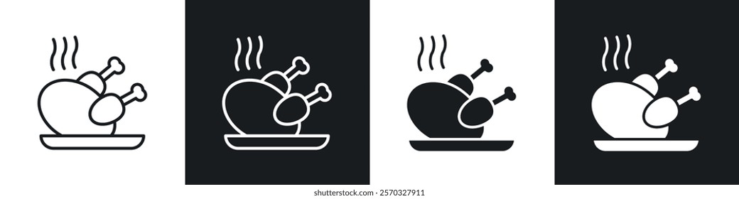 Baked turkey icons vectors set in black. line and flat versions