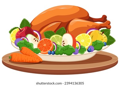 Baked turkey meat on saucer with fruits and vegetables. Cartoon flat template for web design. Used for collage. Concept for holidays, interior decoration, kitchen dishes and recipes.