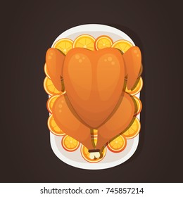 Baked turkey with orange for Thanksgiving Day in cartoon style. outumn food.