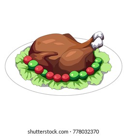 Baked turkey for Thanksgiving Day. Traditional food. Thanksgiving Turkey with Fruits and Vegetables on a Tray.