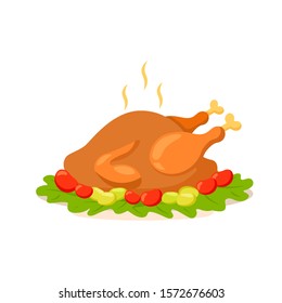 Baked turkey for Thanksgiving Day with vegetables on a plate. Traditional food vector illustration on white isolated background.