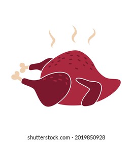 Baked turkey. Traditional American dish for Thanksgiving dinner. Colored doodle icon with autumn holiday attribute. Element, object, clipart, item for greeting card, poster, banner, sign, logo, label.