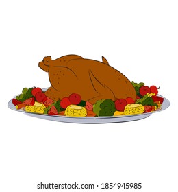 Baked Turkey with vegetables on the holiday table. Happy Thanksgiving.