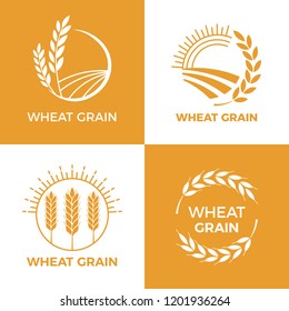 Baked wheat logo. Field wheats grain label, bake elements. Food baking insignia harvest barley logo, grain wheat field bread bakery food awards vintage vector illustration set