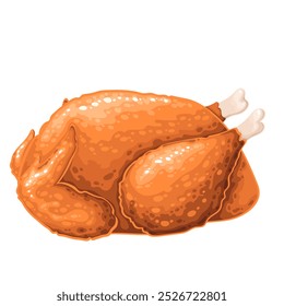 Baked whole cartoon chicken, side view. Golden crispy baked turkey for dinner on holidays, spicy poultry meal. Grill, fast food mascot, cartoon festive garlic yummy chicken dish vector illustration